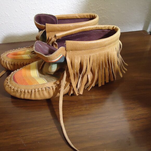 Gorgeous Sz 6 L & B Fringed Moccasins Slip On leather Aztec Boots Shoes - Picture 3 of 13